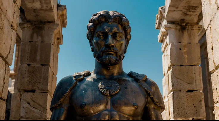 Ancient Stoic Statue With Very Angry Expression, tem barba, muitos detalhes em ambos os olhos, Outside, fundo atenas grego, open sky, com rosto extremamente detalhado full body view, Colors with low saturation with dark tone, Filmado em Sony A7S III com So...