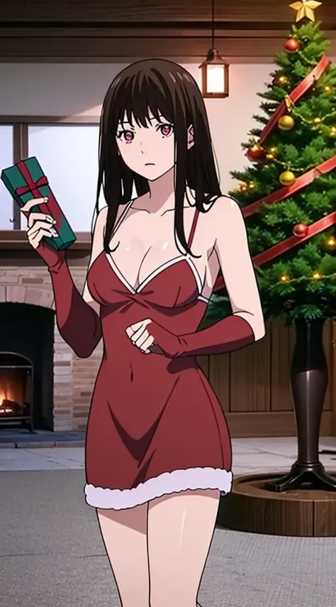 masterpiece, best quality, 1 solo girl, black hair, purple eyes, long hair, wavy hair, Christmas ornaments, medium breasts, mature body and face, red christmas dress, christmas, christmas light, christmas tree, red gloves, red santa skirt, holding gift, re...