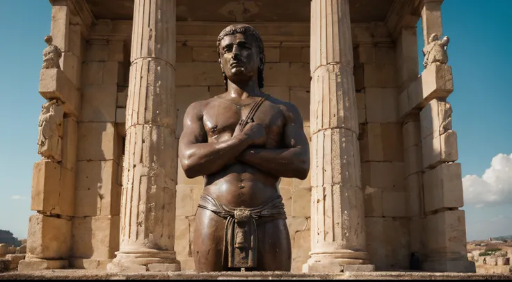 Ancient Stoic Statue With Very Angry Expression, tem barba, muitos detalhes em ambos os olhos, Outside, fundo atenas grego, open sky, com rosto extremamente detalhado full body view, Colors with low saturation with dark tone, Filmado em Sony A7S III com So...