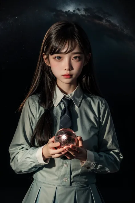 female student,  starrysky, Holding a crystal ball in both hands