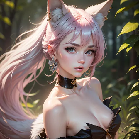 Pale skin, pink hair, fox ears, fox tail, golden ear piercings, silver eyes, voluminous eyelashes, soft mouth, female silhouette, small breasts, crispr genes, 8k, full HD, realistic