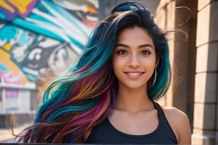 multicolored hair, crown, dashed eyes, smile, Hyperrealism, cinematic lighting, close-up, Ultra-Wide Angle, 135mm, Canon, best quality, high quality, super detail 20-year-old Brazilian student ambles through the bustling university campus. Dressed in livel...