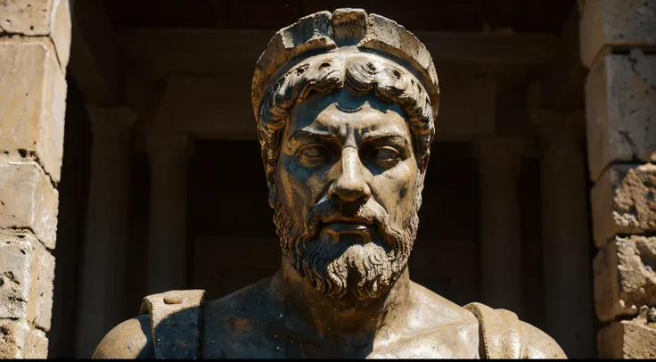 Ancient Stoic Statue With Very Angry Expression, tem barba, muitos detalhes em ambos os olhos, Outside, fundo atenas grego, open sky, com rosto extremamente detalhado full body view, Colors with low saturation with dark tone, Filmado em Sony A7S III com So...