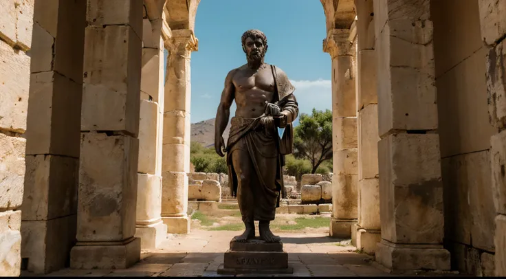 Ancient Stoic Statue With Very Angry Expression, tem barba, muitos detalhes em ambos os olhos, Outside, fundo atenas grego, open sky, com rosto extremamente detalhado full body view, Colors with low saturation with dark tone, Filmado em Sony A7S III com So...