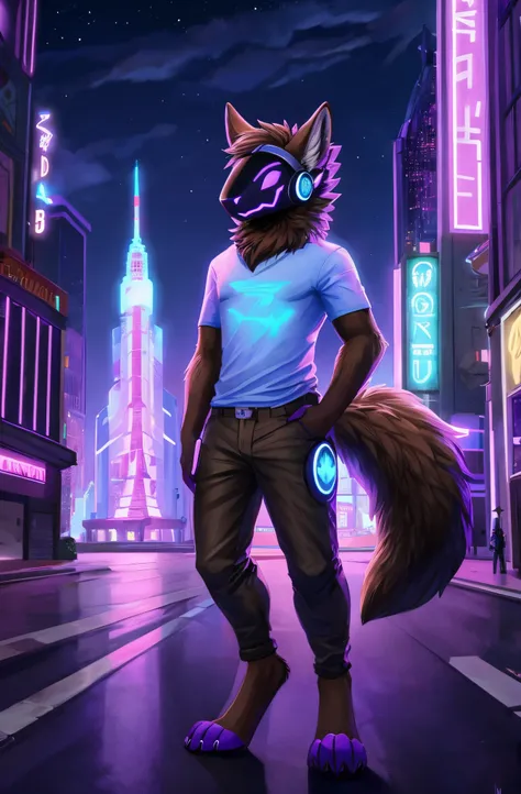 Protogen, furry art, masterpiece, great anatomy, black fur, neon purple details, detailed background, fluffy tail, male, wearing a light blue T-shirt and light brown pants, solo, city, big buildings, detailed illumination.