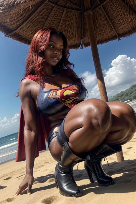 (Obra prima, master part, alta resolução), (black African woman), (melhor qualidade,4k,8k,alta resolução,masterpiece: 1,2), (RED HAIR), (BBW MILF), (40 ANOS DE IDADE), afro hair, (full body photo), caminhando na praia, (enormes tetos: 1,9), (seios enorme),...