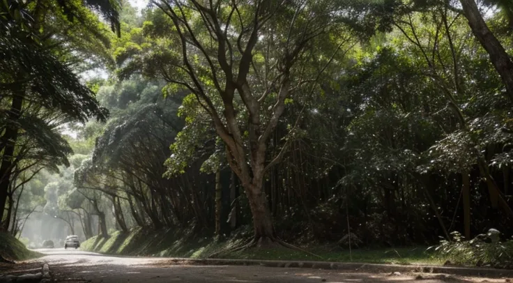 Floresta, arvores frondosas, corrego com agua ao centro da imagen com nascente em uma montanha