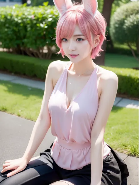 Pink hair、overall、fullnude、fullnude、Pink short cut hair、Pink short cut hair，(8K, top-quality, ​masterpiece:1.2), (realisitic, Photorealsitic:1.37), ultra-detailliert, , full body Esbian, (Adjusted hair:1.5) cute little、(A smile:1.15)、(Mouth closed)、tiny ch...