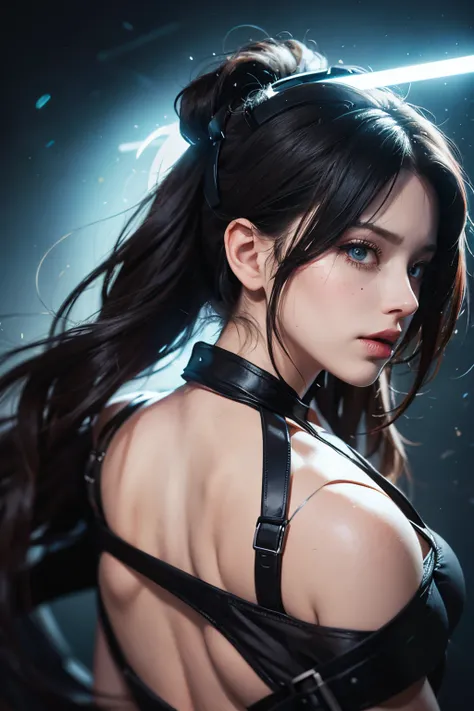 there is a woman with a neon light on her head, style is a blend of æon flux, in a mixed style of æon flux, style mix of æon flux, glowing lens flare wraith girl, glamorous tifa lockheart, tifa, aeon flux style, seductive tifa lockhart portrait, in a style...