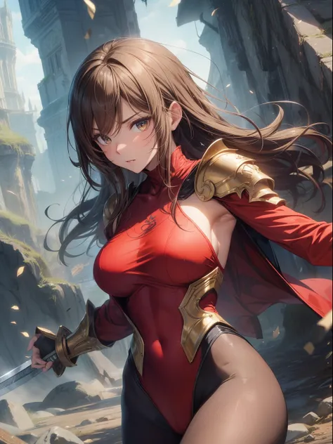 top-quality、Full limbs、complete fingers、Slender beauty、straight haired、Brown hair、((red high neck long sleeve leotard:1.3))、leotard with golden emblem、(Brown pantyhose:1.3)、red cloak、Western armor、Iron breastplate、Iron shoulder rest、Iron Gauntlet、Iron shin...