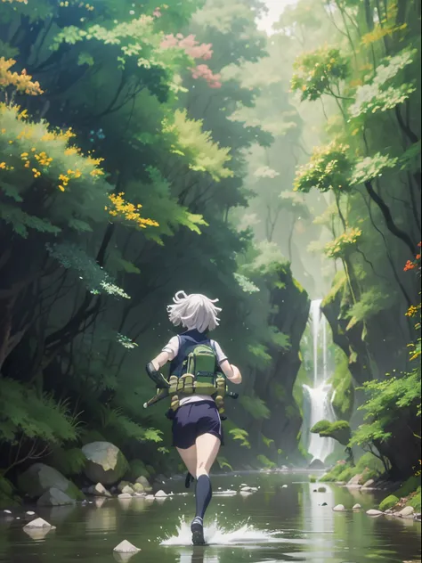 a girl with short white hair wear an adventure equipment and chlotes running in green forest and small river with rock and falling tree trunk , anime style, fantasy, forest, advanture