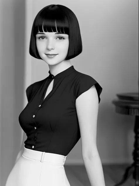 a black and white photo of a 22 years old young woman louise brooks, light smile, short black hair, bangs (pageboy haircut), cin...