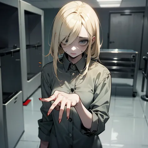 estilo anime, hospital morgue, young adult blonde zombie with dirty, grayish skin walking with her hands as if something is going to catch her, add a written speech bubble : "Brains";