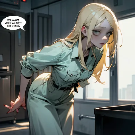 estilo anime, hospital morgue, young adult blonde zombie with dirty, grayish skin walking with her hands as if something is going to catch her, add a written speech bubble : "Brains";