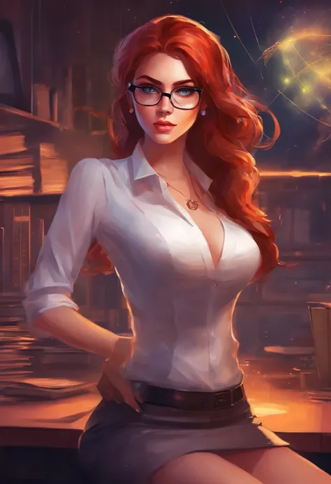 american young girl, big cleavage, in office, lustfull face, busty, secretary, tight unbuttoned white blouse, short black skirt, glasses, stockings, high heels, red hair, beautiful eyes, cyberpunk, night, clear, high resolution, only 1 girl, neon lights, d...