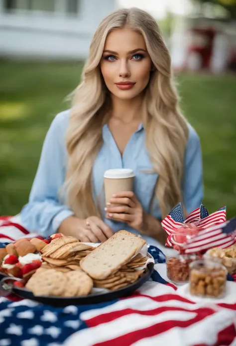 A photo of a beautifully arranged picnic spread with American flag decorations and patriotic snacks.,original,Long blonde hair, blue eyes, thin, a lot of makeup, tries to look younger than she is, likes beige clothes, modest clothes