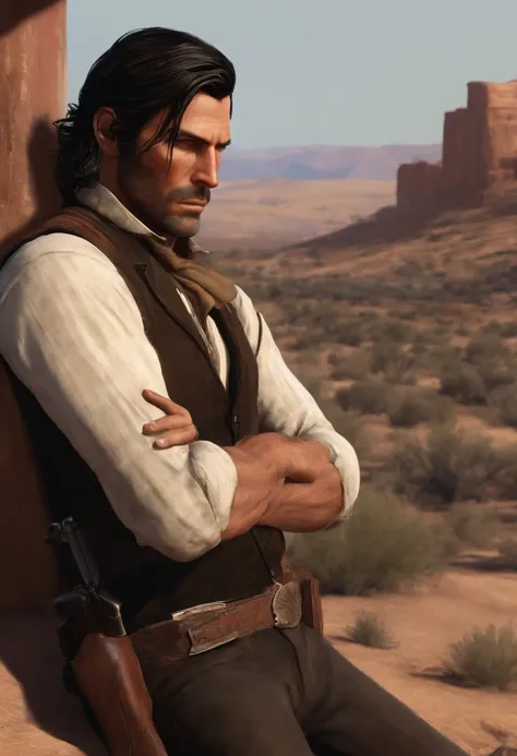 A picture of John checking the perimeter of his property with a determined expression on his face.,Red Dead Redemption,A man with shoulder-length black hair he has swept back. Black stubble. Mid-thirties. Half of his face has claw mark scars.