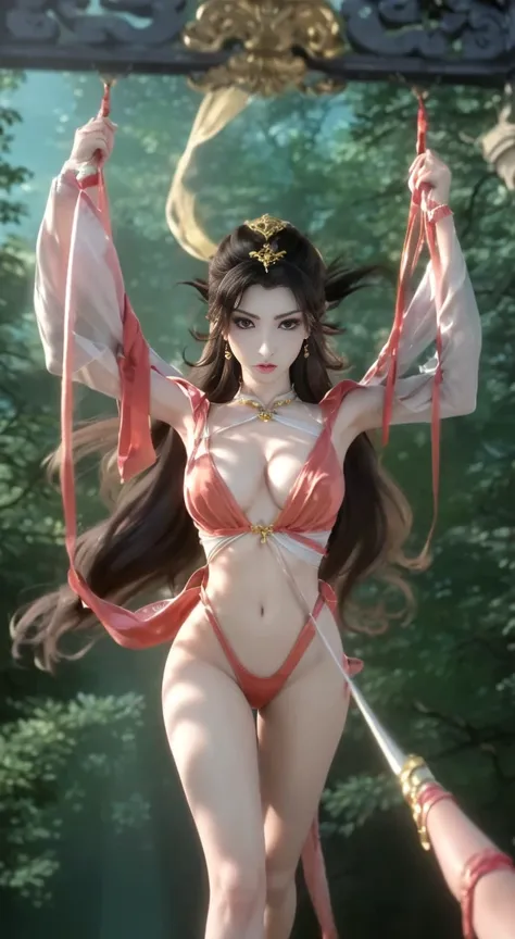 Beutiful women，peerless appearance，Large breasts、((Open and tie your legs))、((spread their legs))、((Tie your legs to your open legs))、((uneasy))、((locks))、(((Hands tied up with rope and hung up，nakeness，Shirtless，upper body without clothing，The lower body ...