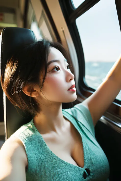 32 years oldSingle、Short height、A dark-haired、Fat、huge tit、Big ass、Glamour with plump limp chimuchi、Cute face with big eyes、She is wearing a light mint green dress.、Wearing a straw hat、From the train window, I rest my chin on my chin and look at the ocean ...