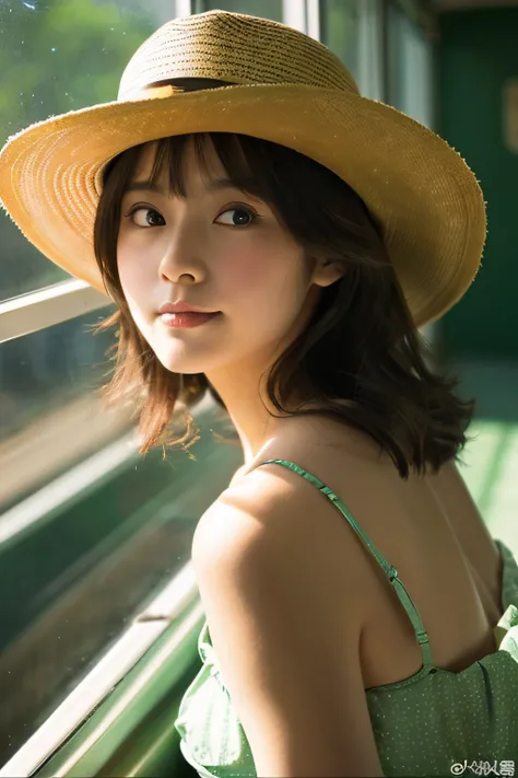 32 years oldSingle、Short height、Cute face with big eyes、A dark-haired、a straw fedora hat、Fat、huge tit、Big ass、Glamour with plump limp chimuchi、Big eyes and cute、light mint green dress、From the window of the straw hat train, I rest my chin on my chin and lo...