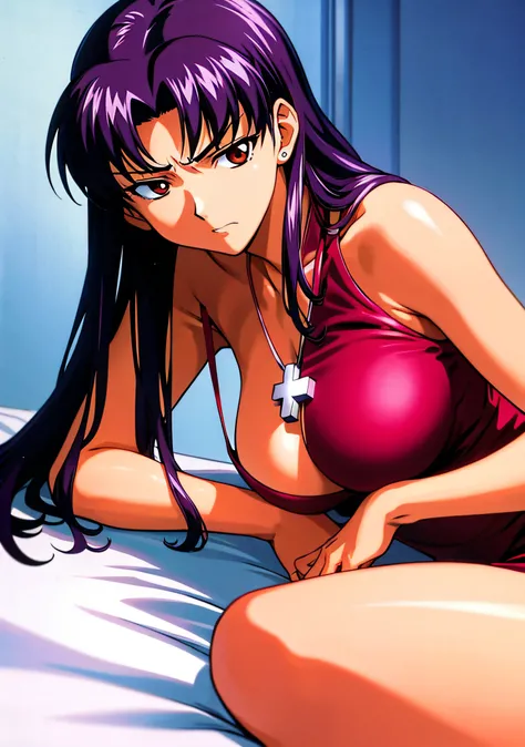 (masutepiece),(Best Quality), Katsuragi Misato, robe blanche, Brown eyes, Cross Necklace,  Colossal tits、Lingerie with a small area、Persistent stare, Sharp eyes、Lying in bed、Seductive、Spread your legs、Angry