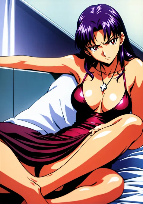 (masutepiece),(Best Quality), Katsuragi Misato, robe blanche, Brown eyes, Cross Necklace,  Colossal tits、Lingerie with a small area、Persistent stare, Sharp eyes、Lying in bed、Seductive、Spread your legs、Angry