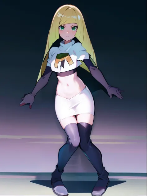 pokemonlusamine,green eyes,team rocket,team rocket uniform,white skirt,crop top,black thigh-high boots,black elbow gloves,