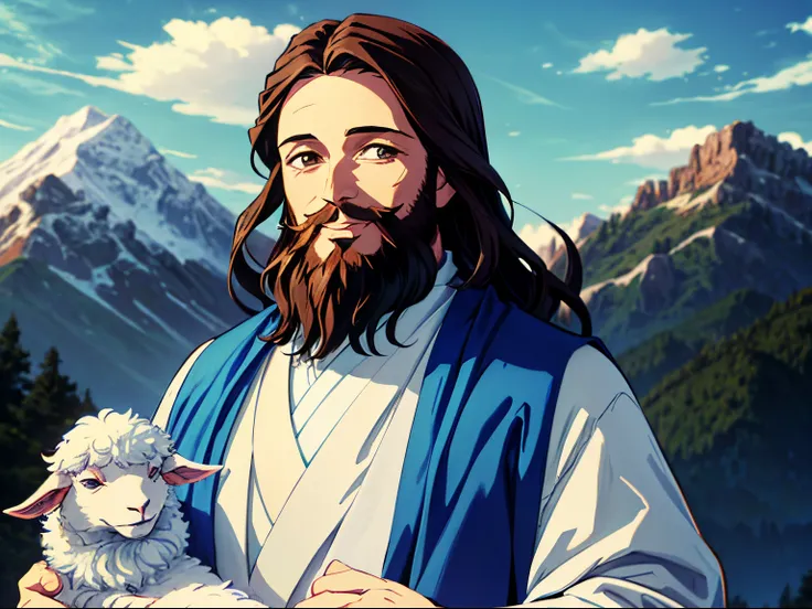 Jesus, retrato, luz suave, um homem com longos cabelos castanhos e barba, vestindo um manto branco e uma faixa azul, holding a lamb in his arms, sorrindo suavemente, Montanhas e nuvens ao fundo, 8k, oil painting