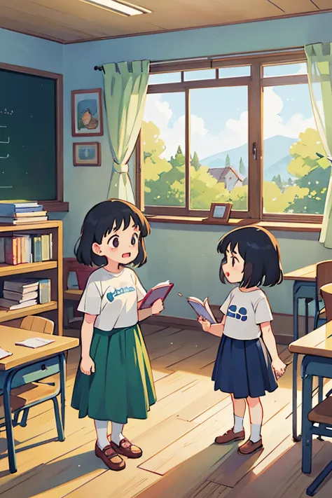 Children,1 girls, , at classroom, 7 years old, singing while standing, read transparent book, Ghibli style, picture book style, illustration, full body, t-shirts, maxi skirt