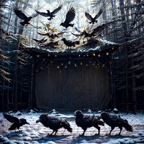 here are 4 crows flying together, a wild boar with golden yellow fur, all of them together in a magical forest，snowflakes flutte...