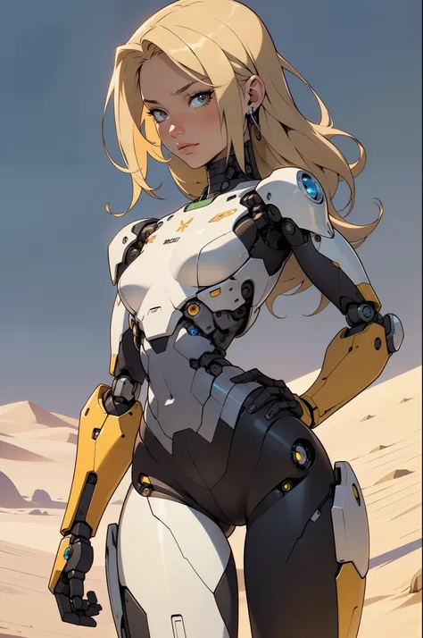 high quality, 4k, masterpiece, beautiful, cyborg girl, cowboy shot, dull eyes, back side, turning around to look at viewer, long blonde hair, girl, small breasts, fit thigh, robotic arms, robotic body, cyborg body, yellow accent, red accent, intricate deta...