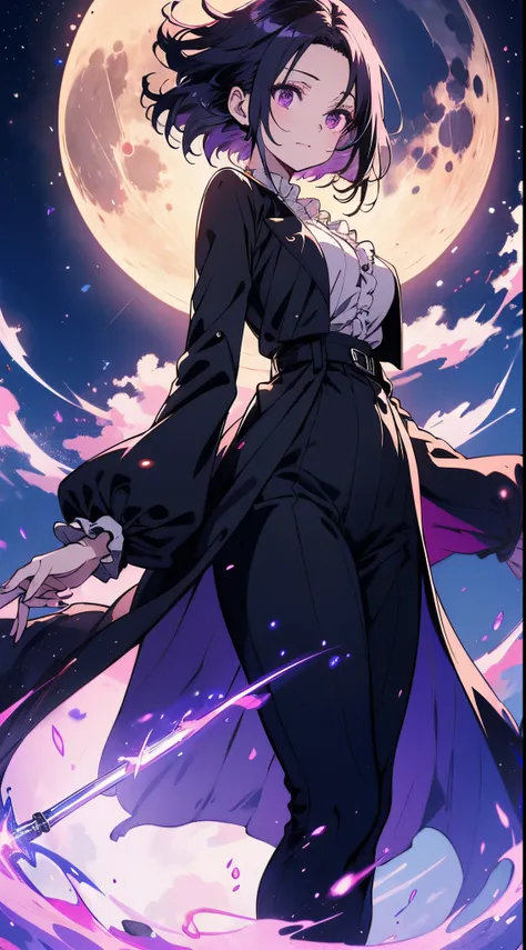 masutepiece, Best Quality, Extremely detailed, 1 IRL,Purple straight hair,Purple eyes,pale skin,Blouse with ruffles,Black Long Length Coat,Long magic wand,floating,Big full moon background,From below,Hyper realistic, Perfect Anatomy, Perfect five fingers