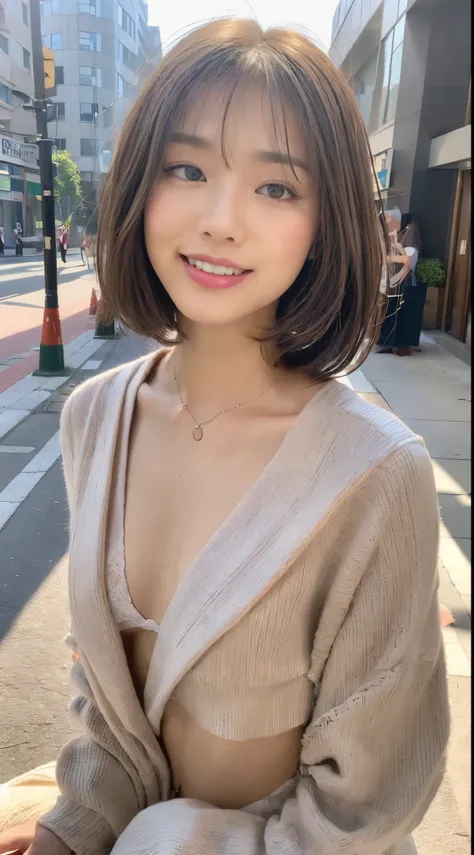 ((best qualtiy, 8K, tmasterpiece:1.3)), Focus:1.2, Perfect figure beautiful woman:1.4,, ((Cut hair in layers, tiny chest:1.2)),(Street)，Highly detailed facial and skin texture, A detailed eye, 二重まぶた，Whiten skin，Hoyts Hair，Light brown、ssmile