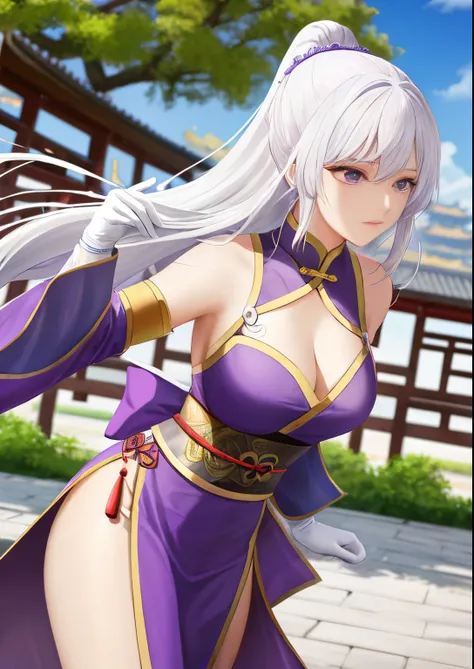 A woman is from the Han Dynasty，Enjoying The Scenery，，White hair，Wear purple robes，Long white gloves are worn on the elbows(Must go past the elbow)，ancient buildings of China