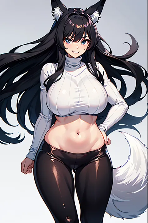 Long black hair, Japanese, gigantic chest, tight clothing, (black leggings:1.2), (white turtleneck:1.6), big thighs, sadistic grin, (Fox girl:1.2), half body, big eyes