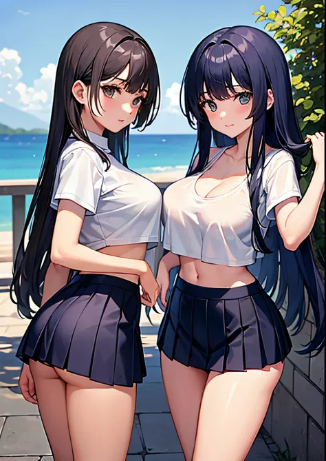 detaileds、Top image quality、topquality、Three high school girls in navy blue pleated miniskirts stand side by side、Colossal tits、cleavage of the breast、Emphasize、s ass、White panty、T-back、Futomo、A dark-haired、low angles、White shirt