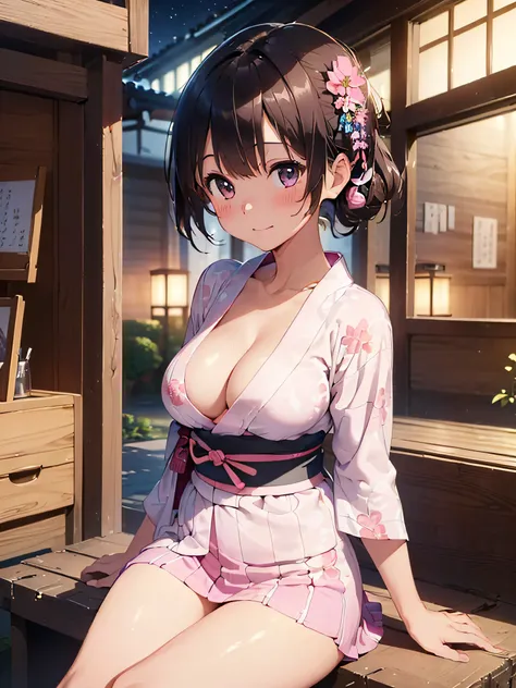 (​masterpiece:2.0), (top-quality:2.0), (sitting naked:1.5), (extremely mini skirt extremely small pink yukata:1.5), (super thin fabric:1.5), (sexypose:1.5), (blushed face:1.3), (barechested:1.3), (realistic:1.5), 1 little girl, precise hands, Embarrassed l...