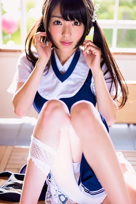 arafed asian woman in a school uniform sitting on the ground、White lace underwear、White panty, large full breasts、Cute Schoolgirl, a hyperrealistic schoolgirl, of a schoolgirl posing, Japan school uniform, School Girl, japanese girl school uniform, a hyper...