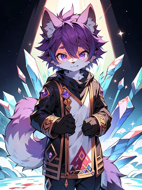 crystal, Star Fox, male people,deep purple hair， (Detailed pubic hair), fluffy, Alone, Meticulous and pragmatic, A detailed eye, ( Amethyst pupils), ((Blood-colored eyes)), SuperiorQuality, high detal, Delicate fur, ((The tail is in the right place) ，About...