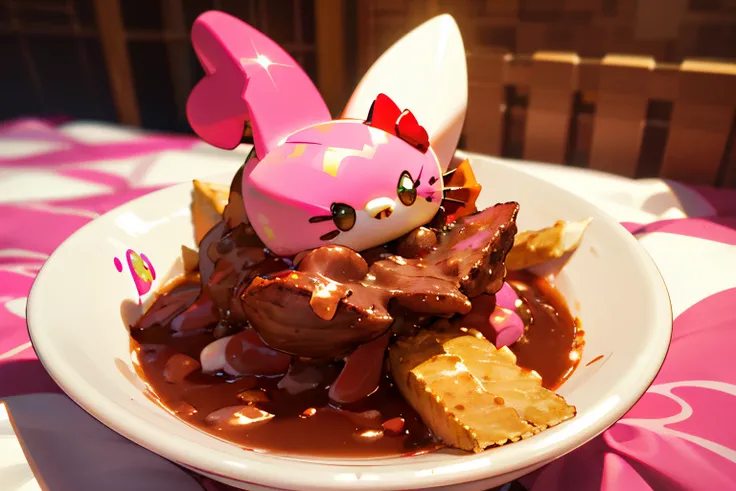 3d hello kitty with glitter pink bow eating birria tacos on pink bed in pink bedroom