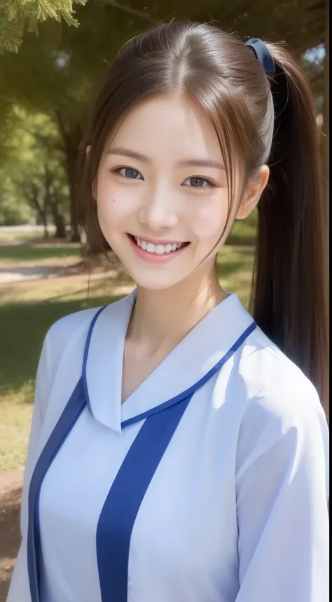 poneyTail、The face is a hostess、Dress is nurse uniform、hiquality、A hyper-realistic、healthy、Smiling expression、Slender perfect figure、Japan beauties、beautidful eyes、face perfect、Beautiful skin、The background is the library、up of face