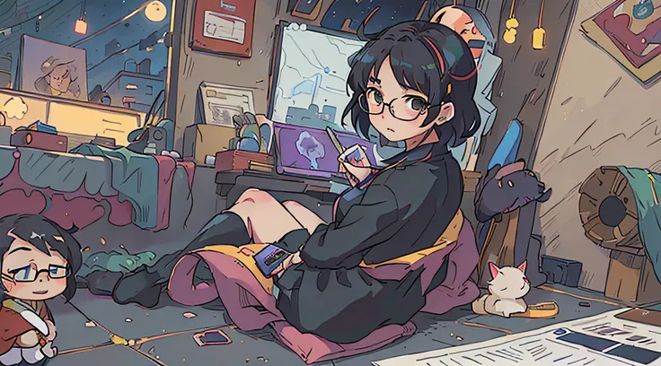 anime boy in glasses working on a laptop with a cat nearby, en estilo anime, en un estilo anime, realistic anime artstyle, Estilo de arte de anime realista, Estilo de realismo de anime, digital anime illustration, high quality anime artstyle, anime artstyl...