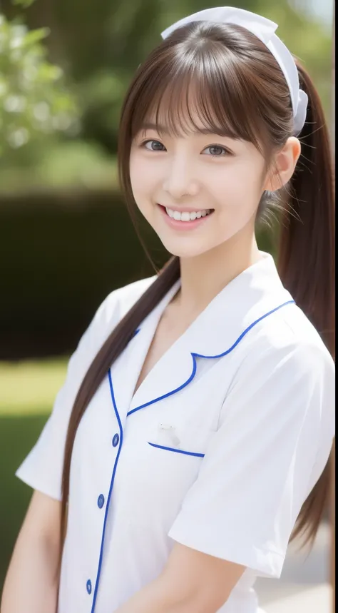 poneyTail、The face is a hostess、Dress is nurse uniform、hiquality、A hyper-realistic、healthy、Smiling expression、Slender perfect figure、Japan beauties、beautidful eyes、face perfect、Beautiful skin、The background is the library、up of face