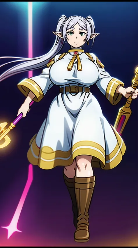 1girl,solo,elf,white hair,grey hair,earrings,pointy ears,long hair,ponytail,green eyes,twintails,parted bangs,thick eyebrows,,, holy magicalgirl, open mouth fang, holy haura, , smile, joyfull, paladin, staff holding, full body , boots, standing,cute,breast...