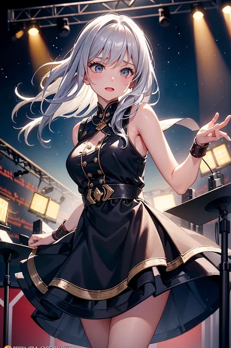 this illustration features a silver-haired girl with medium-length hair playing the drums on stage. she confidently swings the d...