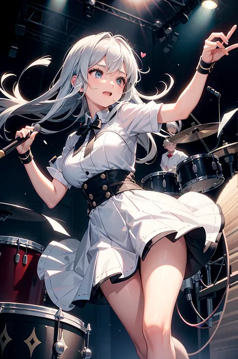 This illustration features a silver-haired girl with medium-length hair playing the drums on stage. She confidently swings the drumsticks, surrendering herself to the music. Her silver hair dances lightly as she exudes a vibrant and energetic presence whil...