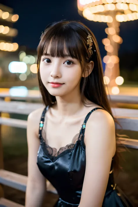 High-quality images,(8K, Raw photo, Best Quality, masutepiece:1.2),Kawaii Girl，Full-body high-definition images, (Realistic, Photorealsitic:1.37) , 1girl in, (carousel, Night), (secret), Detailed face, Detailed eyes, Black Dress