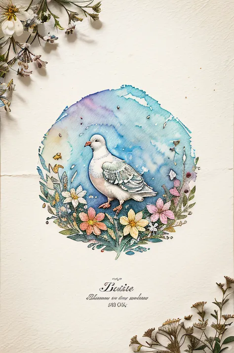 (best quality,ultra-detailed),alcohol ink on textured paper,strong textures,dynamic ink lines,washed ink,different colors,vignette,illustration of a white pigeon,flowers,whimsical,charming illustration,portraits,colorful palette,mixed media,delicate stroke...