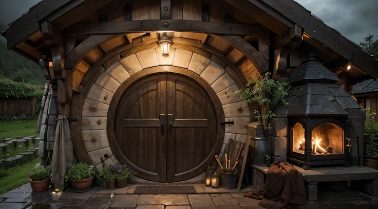 a view from outside of a hobbit house in a hobiton village with opened door at rainy night, rainy sky, rainy clouds, rounded hobbit door, there a fireplace inside, a view from outside to inside, seeing the front of house