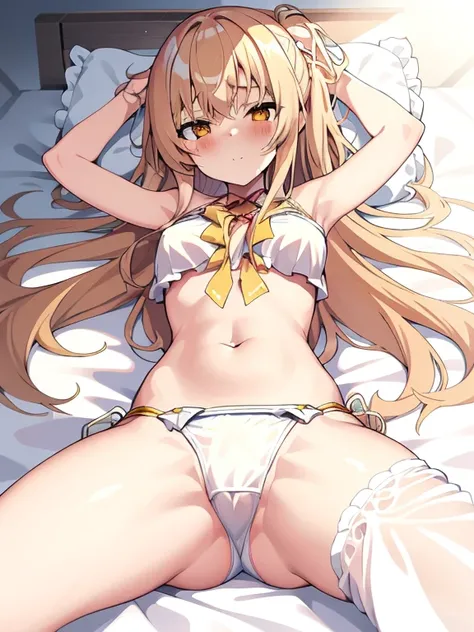 Best quality at best,1 girl,Lie down in bed，Get wet，perspired,spread their legs,A white bikini，agony，Embarrassing,yellow long hair，seductiv